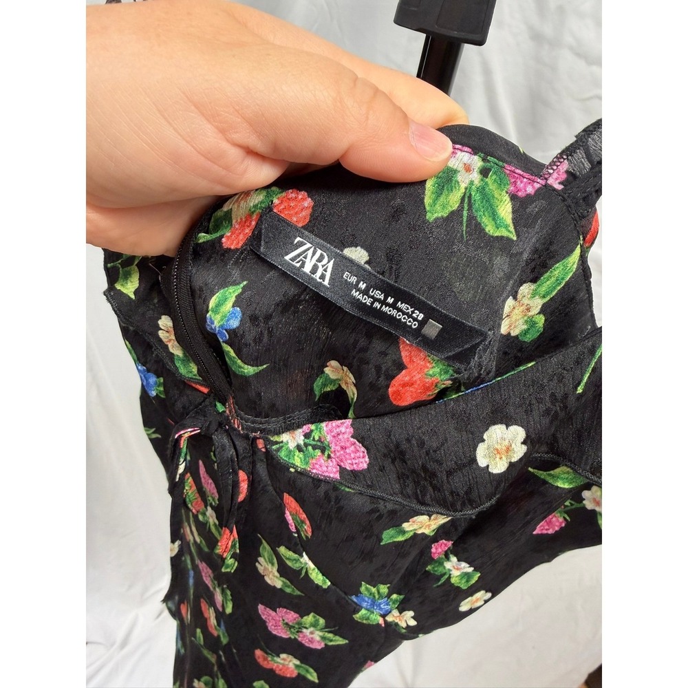 Zara Women Black Berry Floral Print Jacquard Mini Dress Ruffle Tie Front Size M - Picture 7 of 9